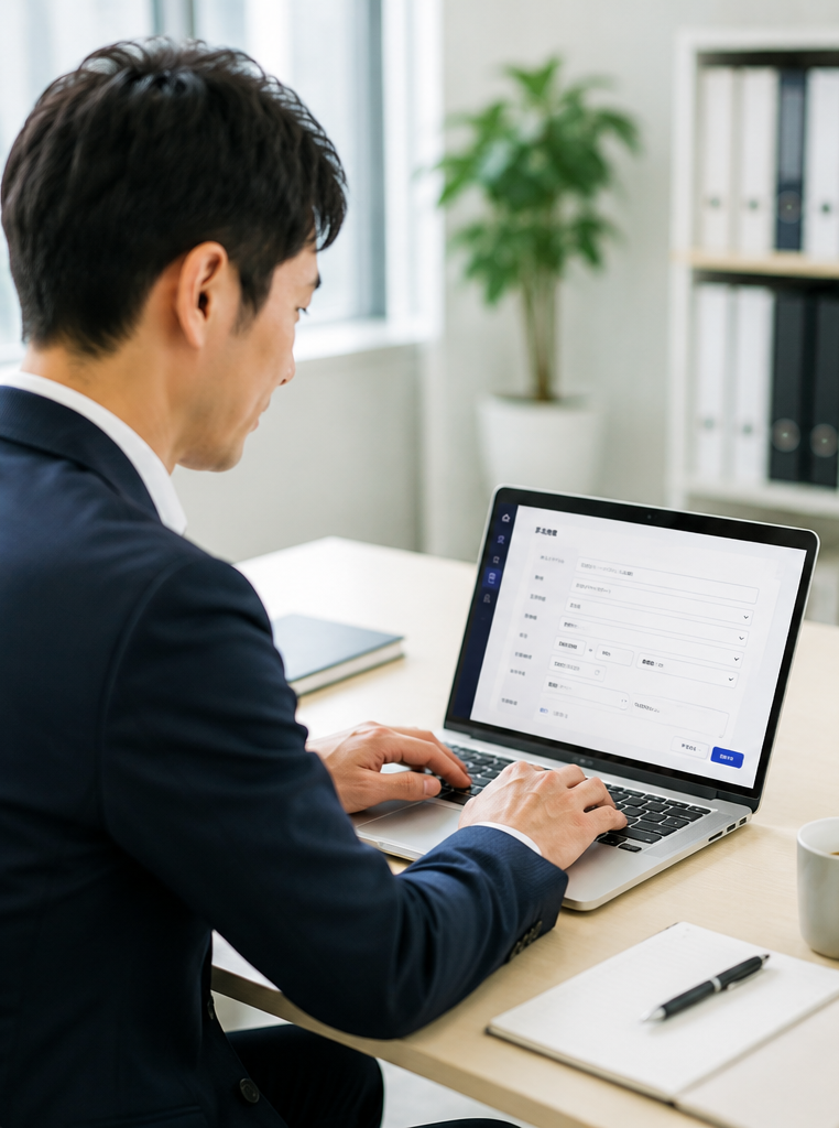 求人登録 - オフィスでノートPCから求人情報を入力するビジネスパーソン