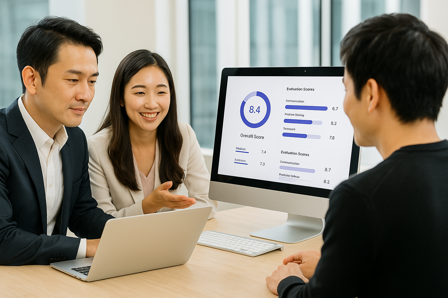 評価スコアダッシュボードをレビューするチーム - 総合スコア8.4とコミュニケーション、問題解決、チームワークの詳細評価